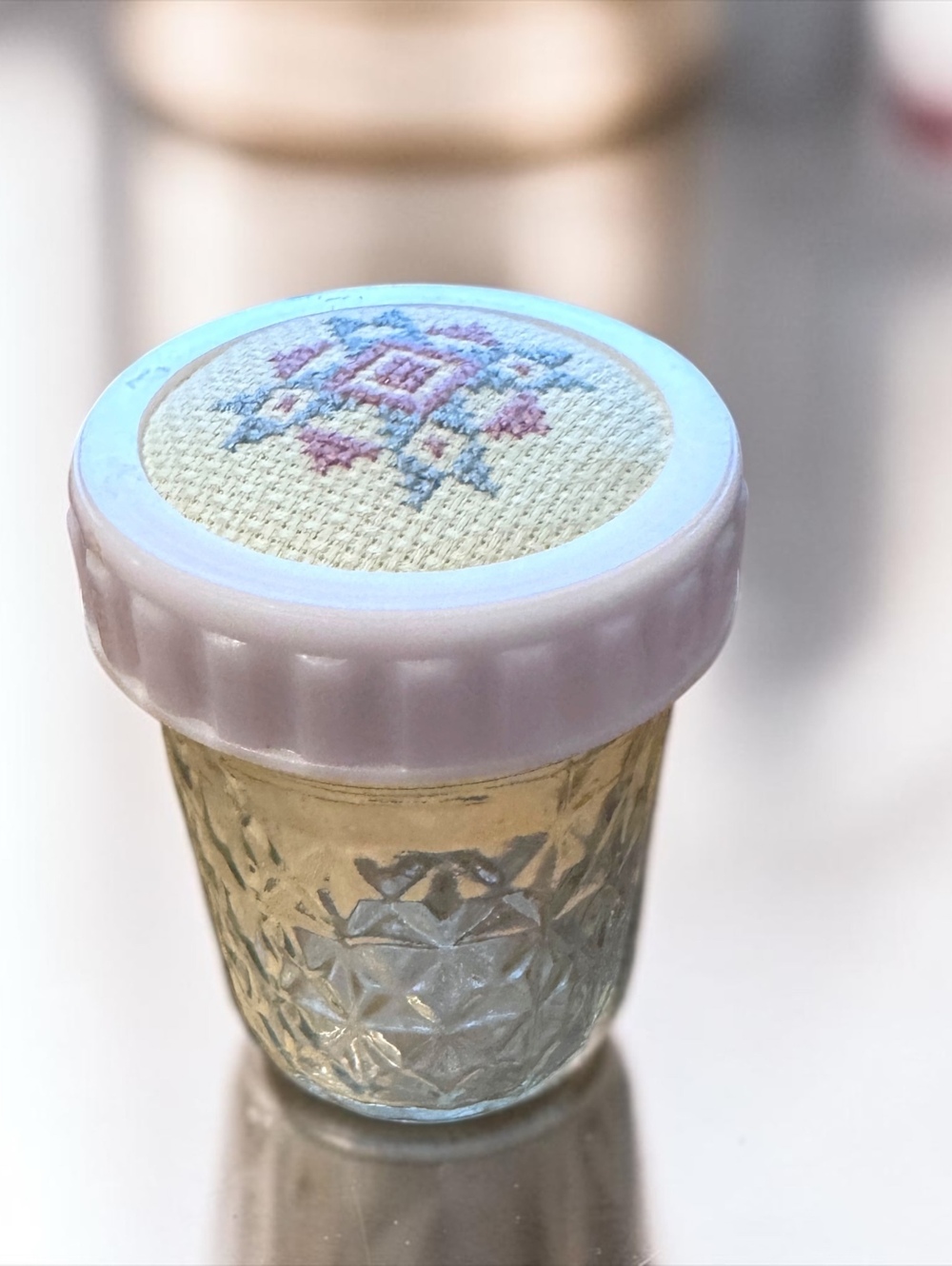 Vintage United Crystal Glass Pin Cushion Jar with Embroidered Lid